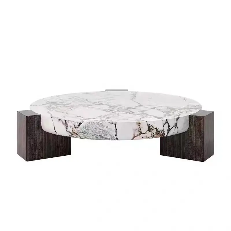 Table basse italienne de luxe moderne en bois ronde avec dessus en marbre naturel