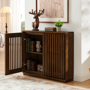 Mid Century Modern Solid Wood Fluted Hollowed Out <b>Sideboard</b> Cabinet 2 Outlet Holes Luxury Living Room Buffet Cabinet Storage - Product Image 1