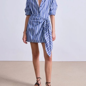 Vestido Camisero de Lino Personalizado para Mujer, Manga Larga, Cintura Ajustada, a Rayas, de Algodón, Ropa Casual 2025 - Product Image 1