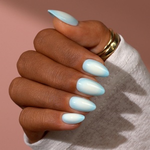 Kit de 32 faux ongles courts en amande, bleu et blanc ombré, en gel souple, de qualité supérieure, à presser, vente en gros - Product Image 1