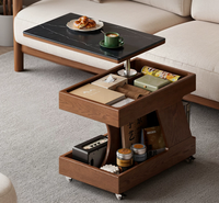 Table basse en bois massif de style mid-century moderne avec plateau en pierre rotatif et rangement dissimulé, réglable et mobile BJ058