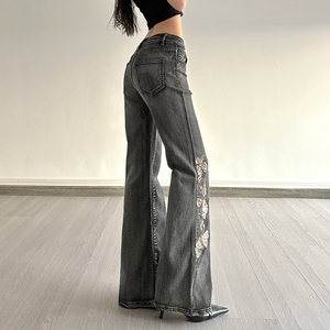 Y2K Breathable Low Rise <b>Flared</b> Denim Jeans with <b>Sequins</b> Embroidery Floral Pattern Vintage Streetwear Style - Product Image 4