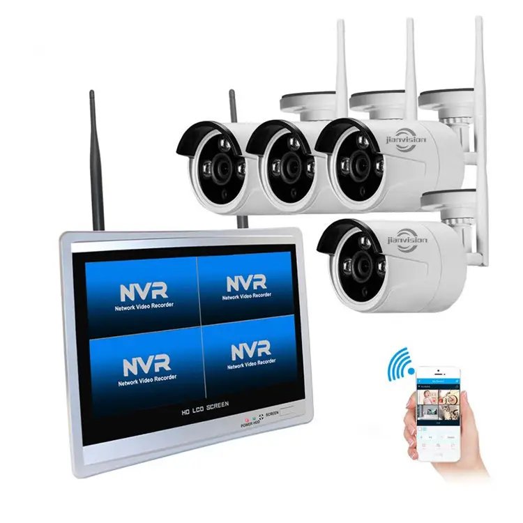 Pantalla de seguridad DVR compatible con disco duro incorporado, Monitor LCD de 12,5 ", NVR, Kit de cámara Wifi, 4 canales, 1080P, sistema inalámbrico CCTV