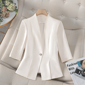 Women's Blazer Champagne-colored Solid Color Cotton No-wrinkle Treatment Spring Summer Casual Style Short Sleeve - Product Image 5