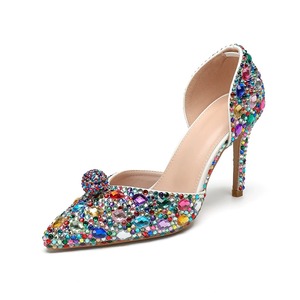 Sandales à talons aiguilles pour femmes, à bout pointu, ornées de strass colorés, avec design ajouré sur le côté et décorations en forme de boule, idéales pour les soirées et mariages - Product Image 1