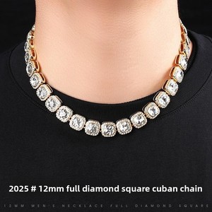 Nuevo Collar Cubano para Hombre Estilo Europeo Americano, Cadena de Aleación de 12mm con Eslabones Cuadrados de Cristal, Estilo Hip-Hop Rock Candy, Cadenas de Moda Transfronterizas - Product Image 3
