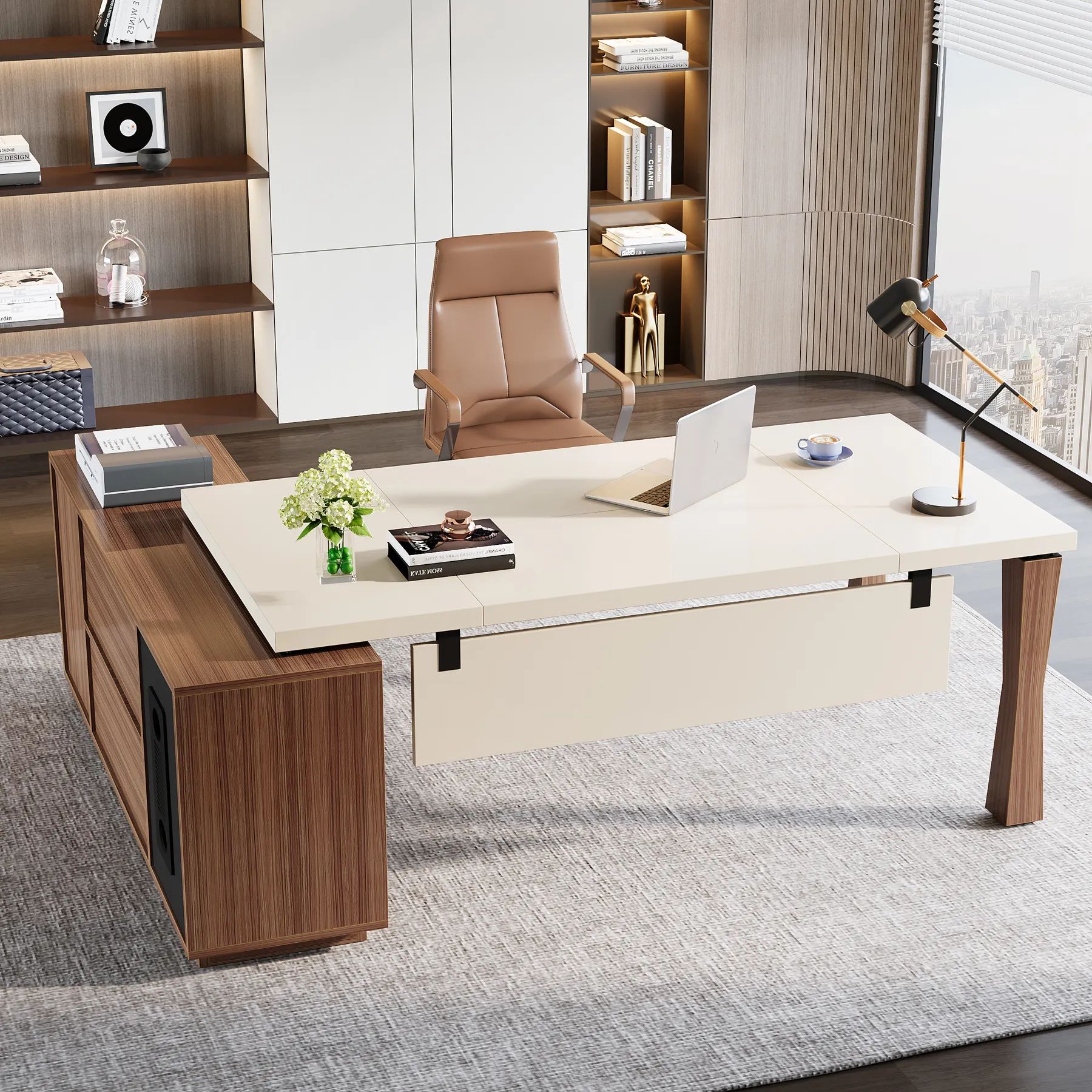 Furnitur kantor rumah tribeigns meja komputer meja eksekutif kayu Modular 71 inci dengan kabinet meja berbentuk L besar