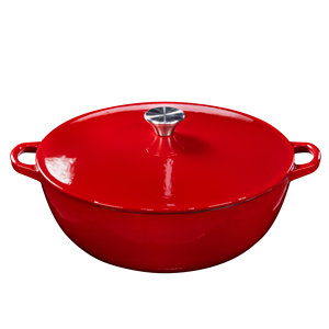 Casserole en fonte émaillée rouge antiadhésive avec couvercle auto-irrigant et bouton doré - Product Image 2