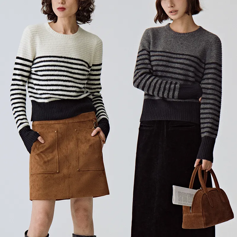 Weshallo Pullover katun untuk wanita, sweter rajut motif garis-garis kerah O bahan katun, Sweater kustom untuk wanita