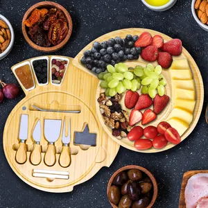 GL Large Round Charcuterie Boards Bamboo Cheese Board And Knife Set Wooden Cheese Plate Unique Cheese Board Serving Tray