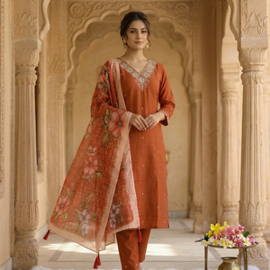 Orange Floral Embroidered Indian Pakistani Clothing Set Long Top Palazzo Pants <b>Shawl</b> for Party <b>Wedding</b> - Product Image 1