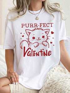 T-shirt da donna oversize a maniche corte con stampa grafica di gatto carino per San Valentino, in cotone pesante, girocollo, stile cartone animato - Product Image 3