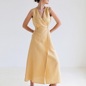 Vestidos Casuales de Lino sin Mangas con Cuello en V al por Mayor, Vestido Elegante de Alta Calidad para Mujer - Product Image 3