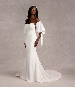 Vestido <span class=keywords><strong>de</strong></span> <span class=keywords><strong>Novia</strong></span> Ruolai WTH118, Sencillo, sin Tirantes, Espalda Descubierta, Cola Larga, Mangas Cortas Tipo Linterna, Satén, Elegante, Estilo Sirena - Product Image 5
