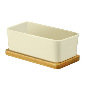 VENTE FLASH 2021 - <span class=keywords><strong>Pot</strong></span> de fleurs en céramique blanche <span class=keywords><strong>rectangulaire</strong></span> minimaliste, géométrique, simple et créatif, avec plateau en <span class=keywords><strong>bambou</strong></span>, pour plantes succulentes, décoration d'intérieur - Product Image 1