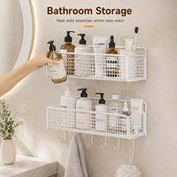 Organisateur de salle de bain mural mobile sur mesure en maille blanche avec crochets, sans perçage, étagère de rangement pour douche