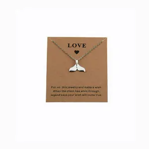 New Lucky Nautical Fish Tail Make a Wish Jewelry for Women Men Silver Color Big Whale Tail Pendant Chain Necklace with Love Card