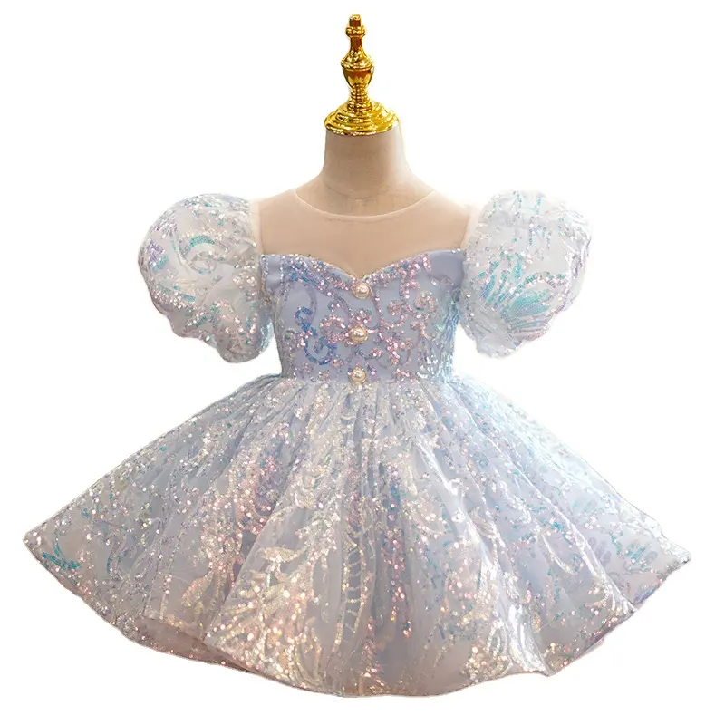 Summer Elegant Kid Girl Clothing Backless Blue Little Girl Party Dress New Style Lovely Beaded Baby Girl Formal Dress