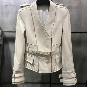 <strong>Women</strong> Genuine <strong>Leather</strong> <strong>Jacket</strong> High Quality V-neck Zipper <strong>Real</strong> <strong>Leather</strong> <strong>Jacket</strong> Ladies With Belt - Product Image 1