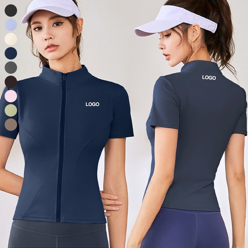 Women Short Sleeve Slim Fit Athletic Yoga Jacket Stand Collar Full Zip Workout Active Tops Solid Color Fitness Wear Gym Clothing