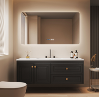 Set Meja Rias Kamar Mandi Gaya Prancis Warna Beige Dengan Kabinet Cermin Lampu LED dan Laci Soft Close, Kabinet Wastafel Kamar Mandi untuk Hotel