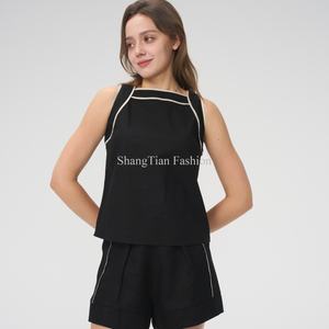 Camiseta Corta sin Mangas de Algodón y Lino Personalizada para Mujer, Camiseta a Rayas Transpirable de Corte Ajustado para Mujer - Product Image 3