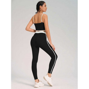 Hello Set Body de sport pour femme, extensible, sans couture, à bretelles spaghetti, col rond, longueur intégrale, blanc avec bordure noire, taille moyenne haute - Product Image 4