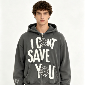 XINGE Sweat à capuche zippé oversize streetwear en coton épais 380 g/m² délavé à l'acide avec imprimé slogan et épaules tombantes, style décontracté - Product Image 1