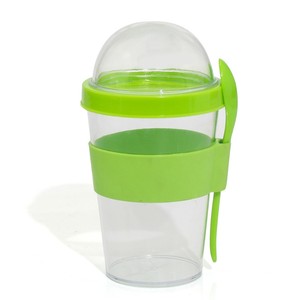 Plastic Salad Cereal Yoghurt to go Container Cup of 2 Screw-On Lid with Spoon.