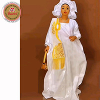 Boubou Bazin Blanc Avec Pompons Dorés pour Femmes Africaines, Robe Dashiki Bazin Grande Taille pour Mariage ou Fête Africaine