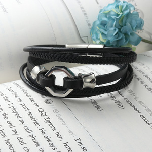 yunnique Titanium Steel Woven Leather Bracelet Black Hexagon Shape Fashion Jewelry for Men and Women - Product Image 3