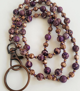 Cordón Personalizado Retro con Cuentas de Jaspe, Porta Credenciales, Color Morado, Cobre Antiguo, Piedras Preciosas Naturales - Product Image 1