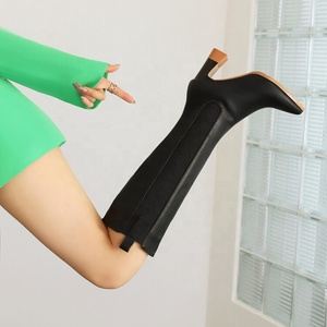 8cm Low Square Heels Women Knee High Boots Big Size 46 Stretch Shaft <b>Long</b> Booties Big Feet Wide Fit Shoes - Product Image 4