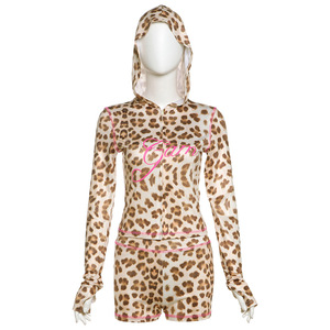 Estivo donna leopardata Set 2 pezzi <span class=keywords><strong>tuta</strong></span> primavera da donna Athleisure Top corto con cappuccio + <span class=keywords><strong>pantaloni</strong></span> corti elasticizzati abbinati - Product Image 3