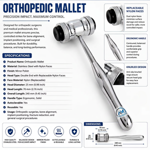 เครื่องมือผ่าตัดกระดูกและข้อแบบใช้มือ AL Mida Healthcare Hammer ทำจากเหล็กกล้าไร้สนิม ได้รับการรับรองมาตรฐาน CE ระดับ I สำหรับใช้ในหู คอ จมูก - Product Image 6