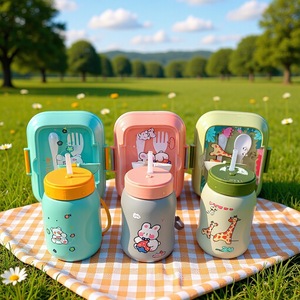 Childrens Cartoon Lunchbox Set With Water Bottle 2 Layer Plastic Bento <b>Box</b> For Student Outdoor Use - Product Image 1
