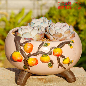 Msh Handgeschilderde Ruwe Aardewerk Schotel Bloempot Groene Plantenbak Met Drie Voet - Product Image 2