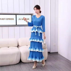 Robe de soirée plissée longue à <span class=keywords><strong>col</strong></span> <span class=keywords><strong>marin</strong></span> pour femme, style Miyake, luxueuse, à manches longues, avec volants, inspirée de la mode coréenne - Product Image 5