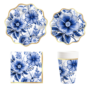 DAMAI Blue Flower <b>Disposable</b> <b>Tableware</b> 10Inch 8Inch Elegant Floral Gold Paper Plates Blue Floral Cups for Birthday Wedding - Product Image 4