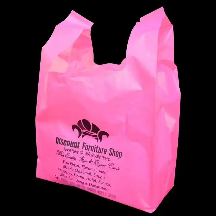 Wholesale Cheap HDPE LDPE Biodegradable Print Pink Colored Handle Shopping Bags Packaging Carrier bag T Shirt Plastic Bags