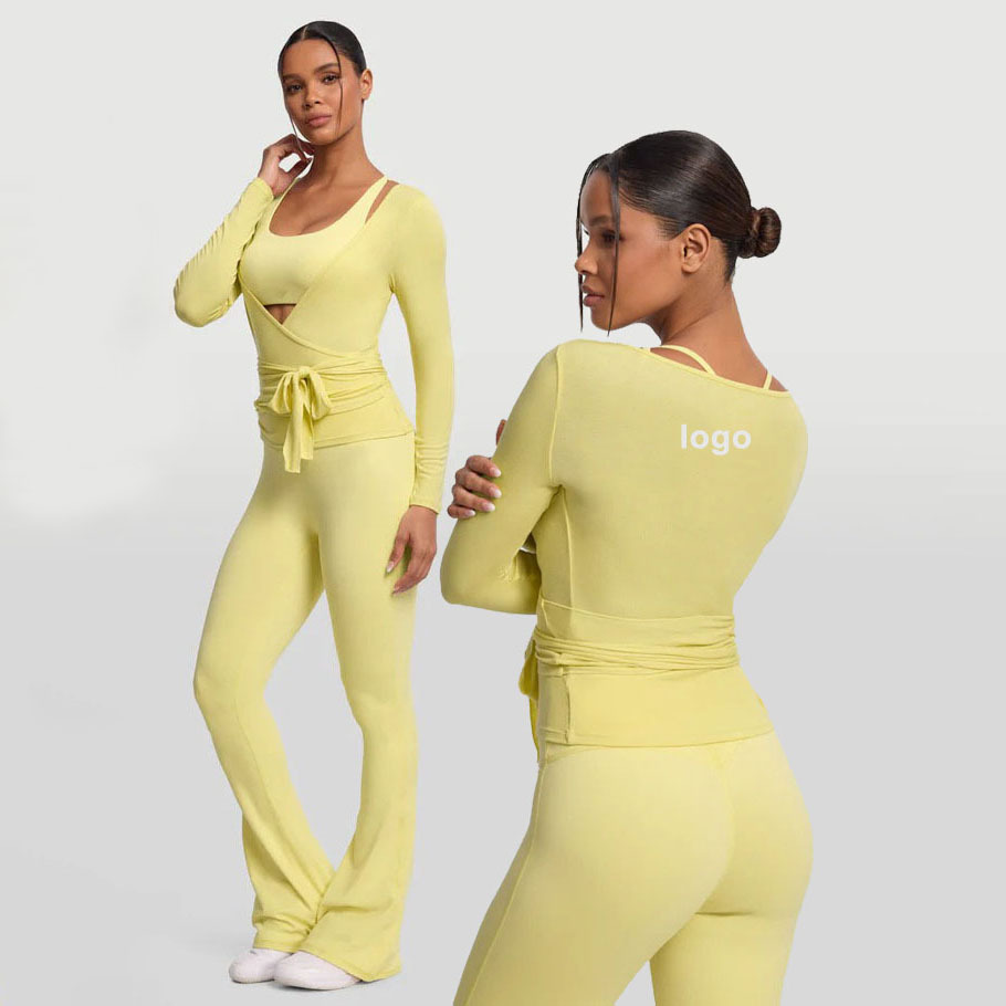 Quick Dry Activewear Long Sleeve Yoga Clothing Fitness Sports Top V-Neckline Ballet Wrap Yoga Tight Top 3 Pieces Yoga Plus Size