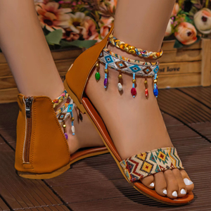 Nouvelles sandales romaines faites à la main avec perles, style ethnique bohème, fermeture éclair arrière, chaussures plates confortables et légères pour femmes, décontractées - Product Image 1