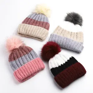 Fur Ball Pom Poms Thick Winter Girls Hats Custom Knitted Rainbow Beanie Hat For Women Beanie