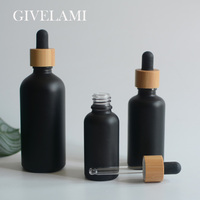 Grosir Botol Penitis Serum Minyak Hitam Matte, 5Ml 15Ml 30Ml 50Ml 100Ml dengan Tutup Kayu Bambu untuk Perawatan Kulit