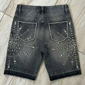 Hot Supplier 2026 New Trend Rhinestone Jean Shorts Vintage Black Wash <b>Beaded</b> Denim Shorts TKAN831 Man's Clubwear Bling Shorts - Product Image 2