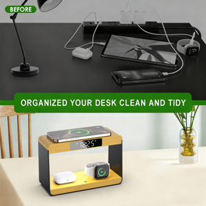 New arrivals tre tự nhiên Máy tính để bàn <span class=keywords><strong>LED</strong></span> ánh sáng ban đêm kỹ thuật số Đồng hồ báo thức nhanh chóng không dây sạc Dock bằng gỗ 5-in-1 điện thoại không dây - Product Image 4