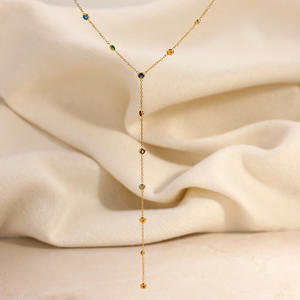 Stainless Steel Necklace With Colorful Rhinestones Y Shape Tassel <b>Extended</b> Length Minimalist Clavicle <b>Chain</b> Daily Wear - Product Image 2