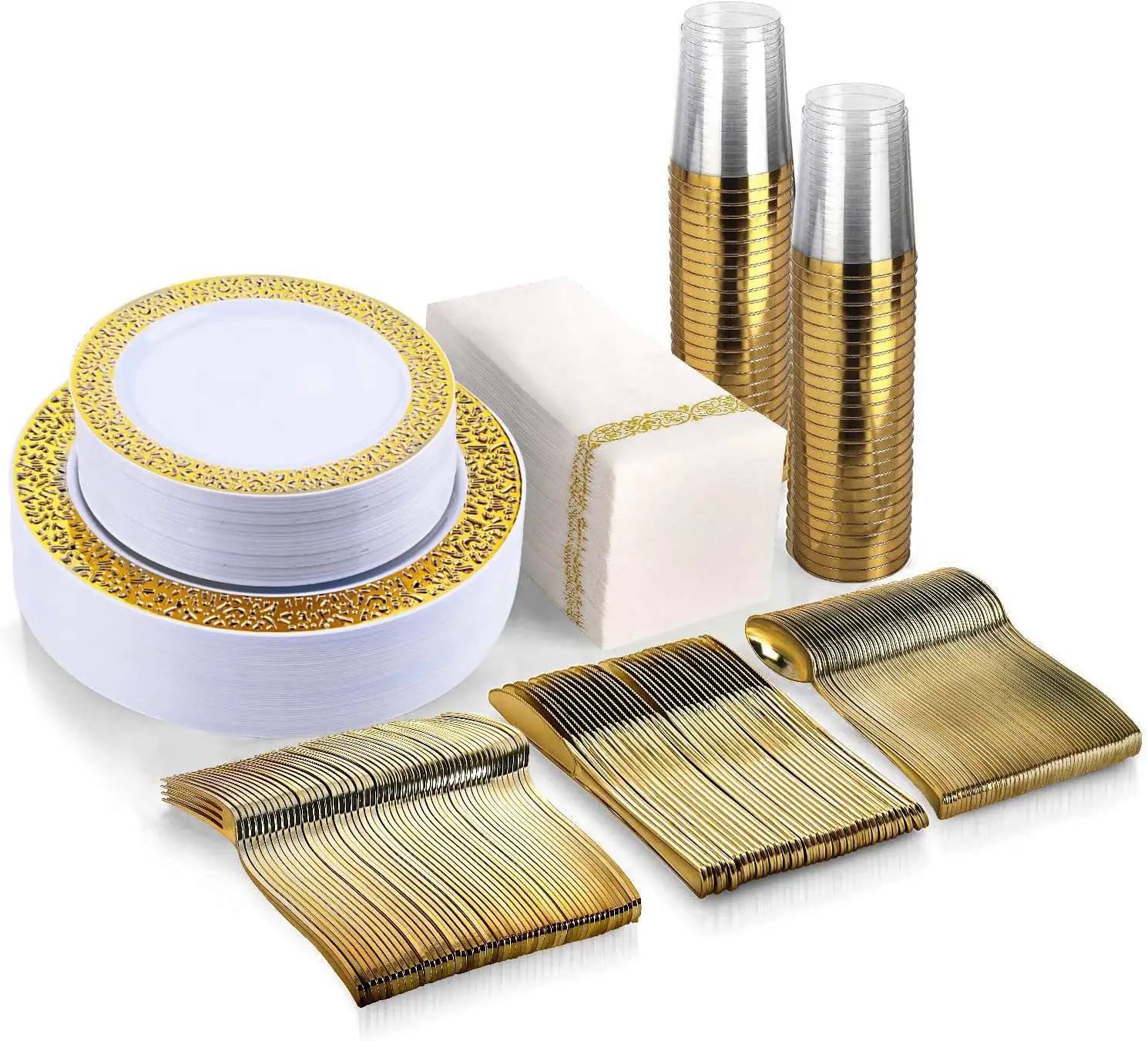 Set di stoviglie in plastica con bordo rotondo in oro per feste di matrimonio, piatti usa e getta, tazza, forchetta, cucchiaio