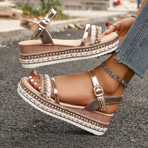 2025 Summer Collection New Open Toe <b>Wedge</b> <b>Sandals</b> Large Size Thick Bottom European American Style for Foreign Trade Wholesale - Product Image 1