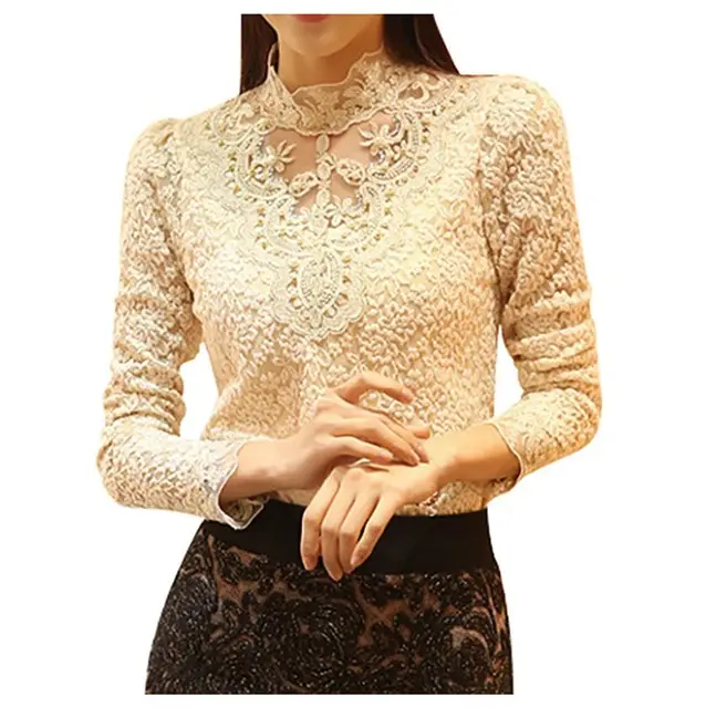 Women Autumn Lace Embroidery Shirt Chiffon Turtleneck Long Sleeve Elegant Blouse Plus Size Fashion Lady Bottoming Shirt